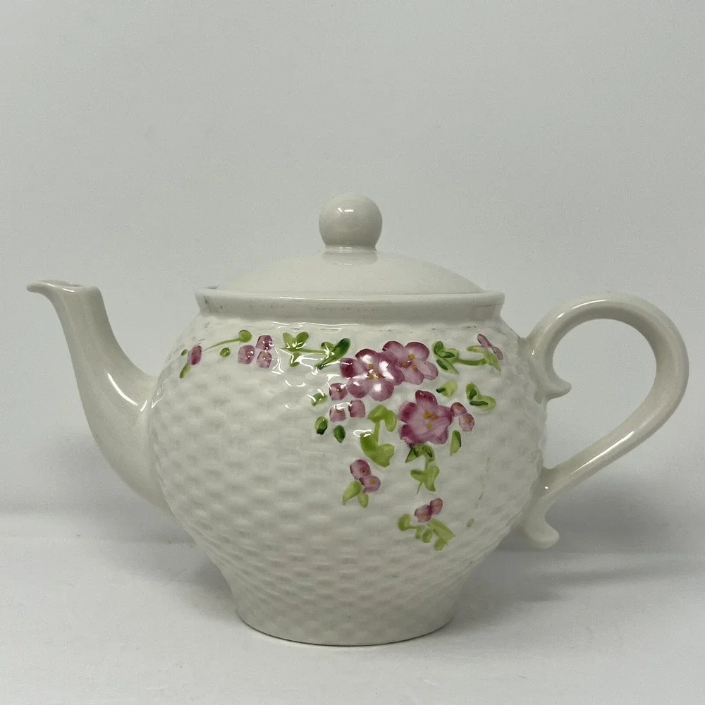 Vintage Teleflora Ceramic Porcelain Teapot 1985 White Lattice Floral Lid Decor